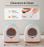 Hands pressing button to clear litter or empty all litter in a 60L smart automatic cat litter box with circular door